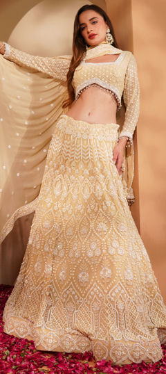 Beige and Brown color Ready to Wear Lehenga in Georgette fabric with Embroidered, Thread work