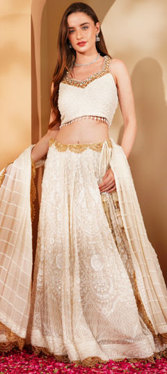 White and Off White color Ready to Wear Lehenga in Georgette fabric with Embroidered, Thread work