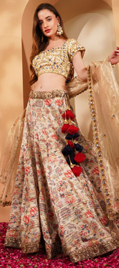 Gold color Ready to Wear Lehenga in Ghicha Silk fabric with Embroidered, Thread work