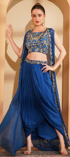 Blue color Ready to Wear Lehenga in Crepe Silk, Organza Silk fabric with Embroidered, Thread work