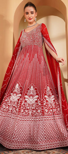 Red and Maroon color Gown in Georgette fabric with Embroidered, Thread work
