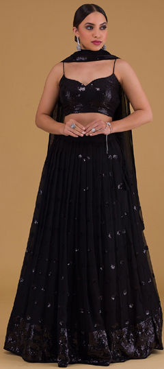 Black and Grey color Lehenga in Georgette fabric with Embroidered, Sequence, Thread, Zari work