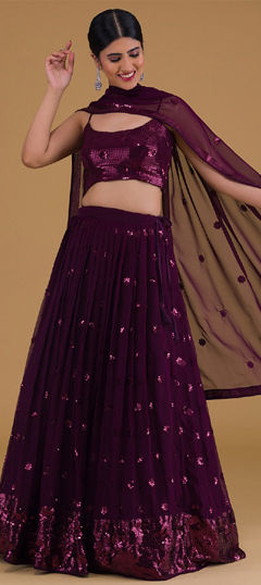 Purple and Violet color Lehenga in Georgette fabric with Embroidered, Sequence, Thread, Zari work