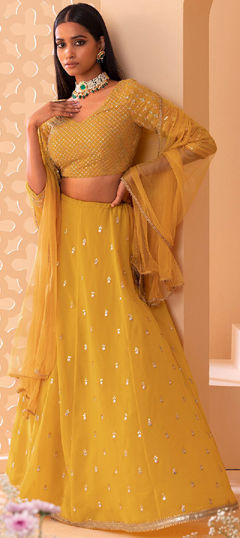 Yellow color Lehenga in Georgette fabric with Embroidered, Sequence, Thread, Zari work