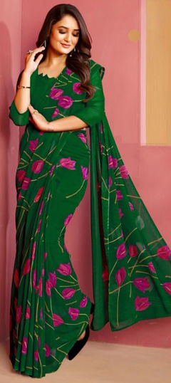 Green color Saree in Faux Georgette fabric with Floral, Printed work