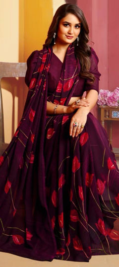 Purple and Violet color Saree in Faux Georgette fabric with Floral, Printed work