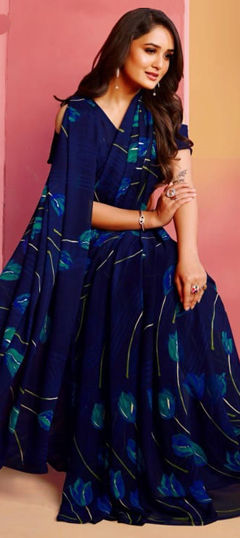 Blue color Saree in Faux Georgette fabric with Floral, Printed work