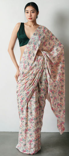 Beige and Brown color Readymade Saree in Chinon Silk fabric with Digital Print, Floral work