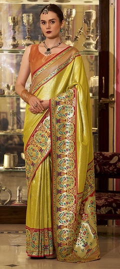 Yellow color Saree in Blended, Silk fabric with Weaving work