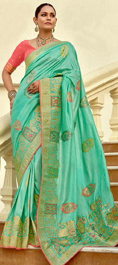 Green color Saree in Blended, Silk fabric with Weaving, Zari work