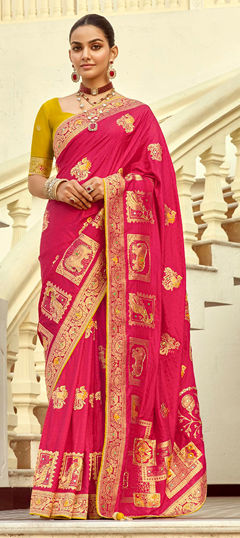 Pink and Majenta color Saree in Blended, Silk fabric with Weaving, Zari work