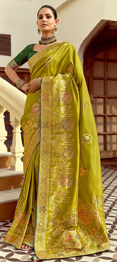 Green color Saree in Blended, Silk fabric with Weaving, Zari work