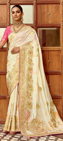 White and Off White color Saree in Blended, Silk fabric with Weaving, Zari work
