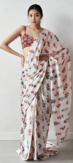 White and Off White color Readymade Saree in Chinon Silk fabric with Digital Print, Floral, Lace work
