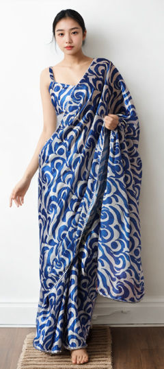 Blue, White and Off White color Readymade Saree in Chinon Silk fabric with Border, Digital Print work