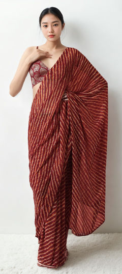 Red and Maroon color Readymade Saree in Chiffon fabric with Lehariya, Printed work