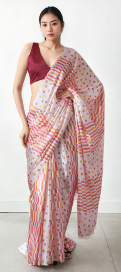 White and Off White color Readymade Saree in Chinon Silk fabric with Digital Print, Lace work