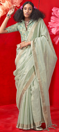 Green color Saree in Tissue fabric with Weaving work