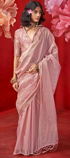 Pink and Majenta color Saree in Tissue fabric with Weaving work