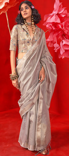 Black and Grey color Saree in Tissue fabric with Weaving work