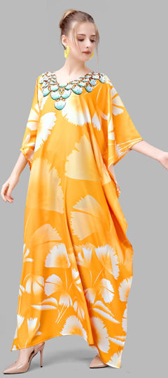 Yellow color Kaftan in Crepe Silk fabric with Digital Print, Stone work