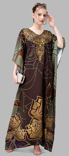 Black and Grey color Kaftan in Crepe Silk fabric with Digital Print, Stone work
