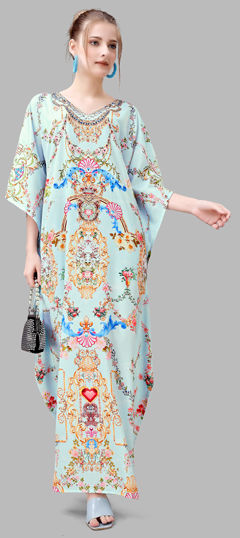 Blue color Kaftan in Crepe Silk fabric with Digital Print, Stone work