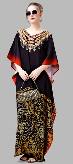 Black and Grey color Kaftan in Crepe Silk fabric with Digital Print, Stone work