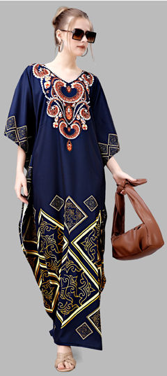 Blue color Kaftan in Crepe Silk fabric with Digital Print, Stone work