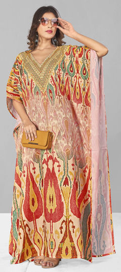 Multicolor color Kaftan in Crepe Silk fabric with Digital Print, Stone work