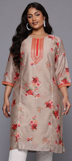 Beige and Brown color Kurti in Chanderi Silk fabric with Embroidered work