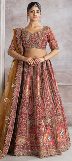 Beige and Brown color Lehenga in Banarasi Silk fabric with Aari, Patch work