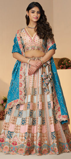 Multicolor color Lehenga in Dolla Silk fabric with Aari, Sequence work