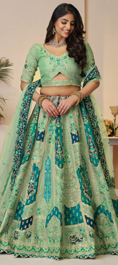 Green color Lehenga in Banarasi Silk fabric with Embroidered work
