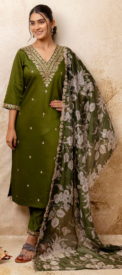 Green color Salwar Kameez in Rayon fabric with Embroidered, Thread work