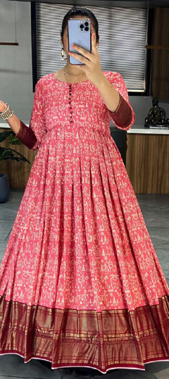 Pink and Majenta color Gown in Tussar Silk fabric with Printed work
