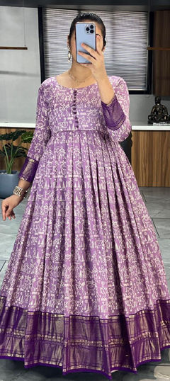 Purple and Violet color Gown in Tussar Silk fabric with Printed work