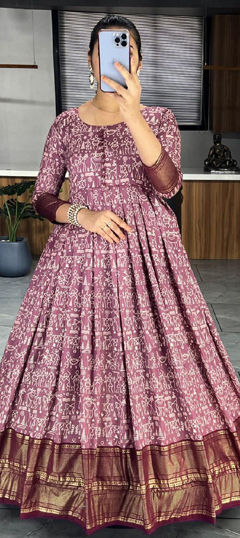 Purple and Violet color Gown in Tussar Silk fabric with Printed work