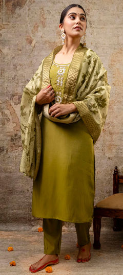 Green color Salwar Kameez in Art Silk fabric with Embroidered, Thread work