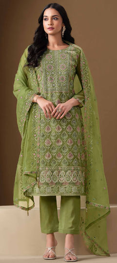 Green color Salwar Kameez in Chiffon fabric with Embroidered, Thread, Zircon work