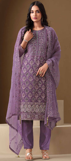 Purple and Violet color Salwar Kameez in Chiffon fabric with Embroidered, Thread, Zircon work