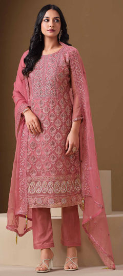 Pink and Majenta color Salwar Kameez in Chiffon fabric with Embroidered, Thread, Zircon work