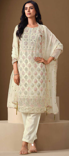 White and Off White color Salwar Kameez in Chiffon fabric with Embroidered, Thread, Zircon work