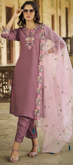 Purple and Violet color Salwar Kameez in Viscose fabric with Embroidered, Thread work