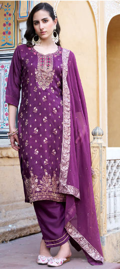 Purple and Violet color Salwar Kameez in Viscose fabric with Embroidered, Thread work