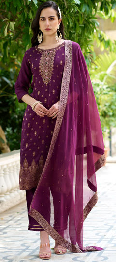 Purple and Violet color Salwar Kameez in Viscose fabric with Embroidered, Thread work