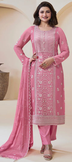 Pink and Majenta color Salwar Kameez in Chinon Silk fabric with Embroidered, Resham, Sequence work