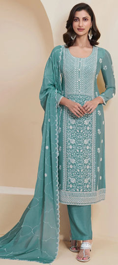 Blue color Salwar Kameez in Chinon Silk fabric with Embroidered, Resham, Sequence work