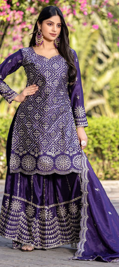 Purple and Violet color Salwar Kameez in Chinon Silk fabric with Embroidered, Mirror, Thread work