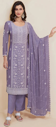 Purple and Violet color Salwar Kameez in Chinon Silk fabric with Embroidered, Resham, Sequence work